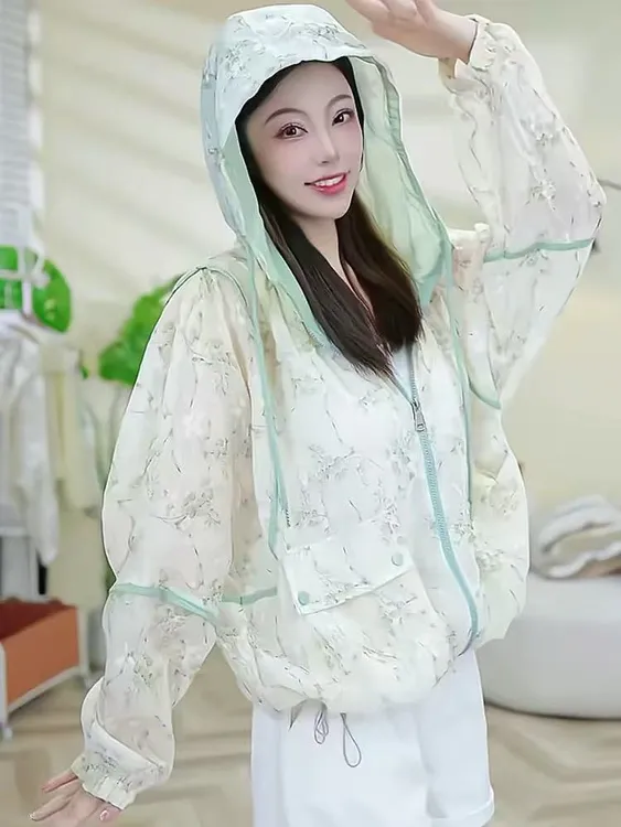 2503-夏季新款碎花防晒衣女薄款速干防紫外线连帽百搭透气短外套