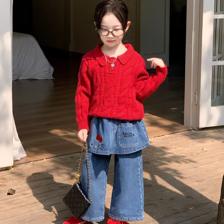 小言-儿童韩版毛衣2025秋冬新款童装女童翻领加厚加绒裙牛仔裤