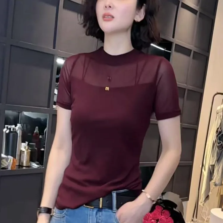 短款修身气质洋气半高领领ins时尚简约常规T恤极简风百搭韩版短袖