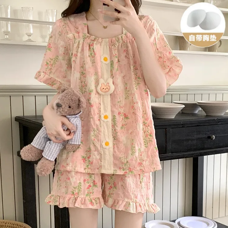 睡衣女款爆款2025新款夏季带胸垫短袖洋气网红爆款外穿家居服套装