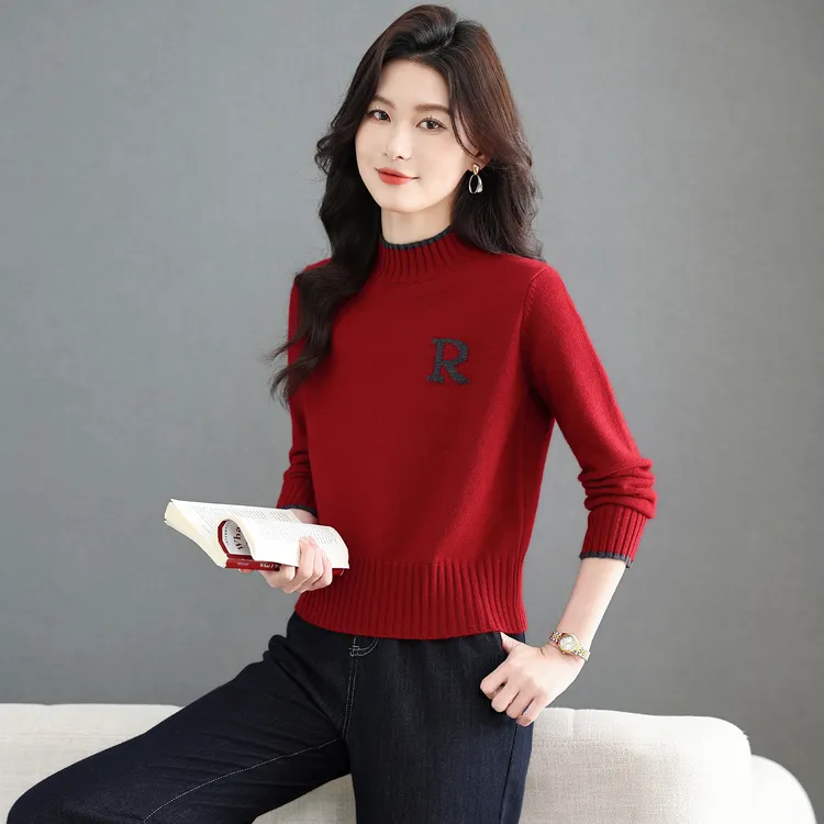 红色短款毛衣女秋冬季2025新款内搭小个子高腰上衣半高领打底衫