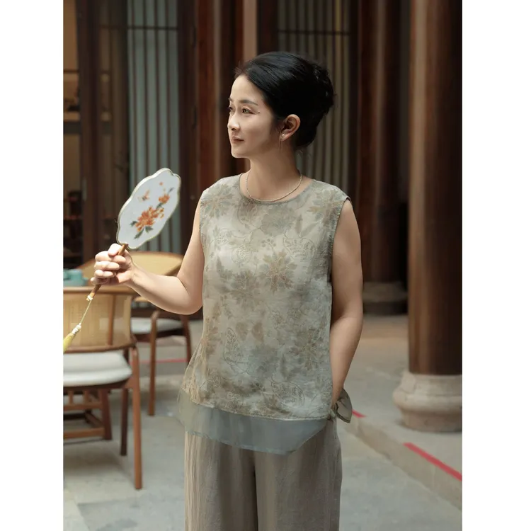 麻享【花间引·坎肩】莨麻印花小衫清凉飘逸夏季女士上衣FSY50777