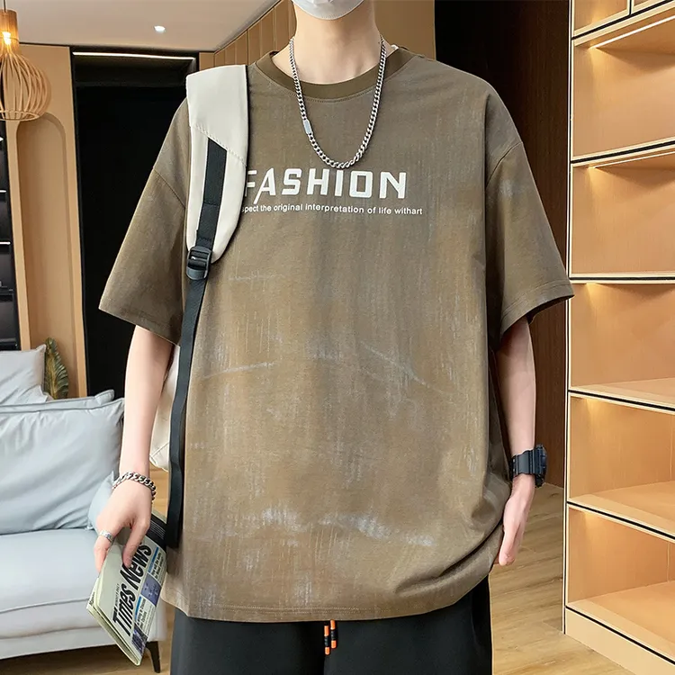 男士宽松短袖T恤新款潮流港风夏休闲百搭简约印花圆领大码五分袖