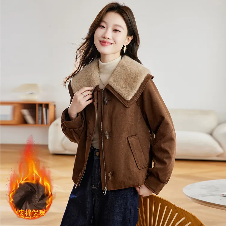 加棉加厚派克棉服女2025冬季新款时尚翻领棉衣短款麂皮绒棉袄外套