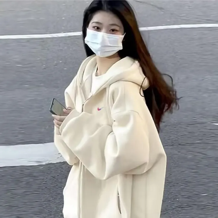 春秋薄款连帽卫衣开衫女2025新款宽松慵懒风拉链百搭加绒外套上衣