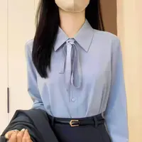 法式气质蓝色长袖polo领衬衫蝴蝶结百搭上衣高腰百褶裙两件套7039