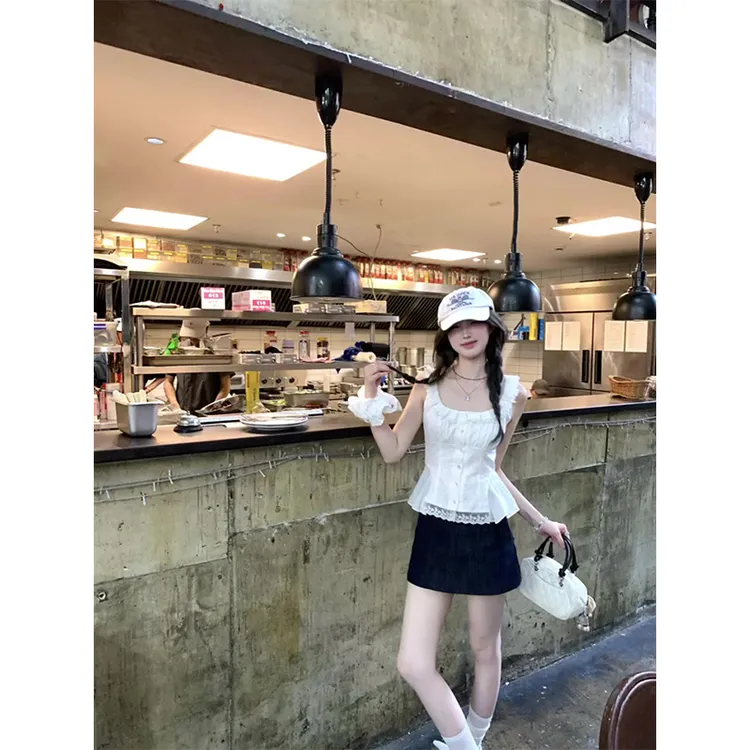 2025新款女士夏季花边无袖方圆领气质背心吊带上衣高腰显瘦半身裙