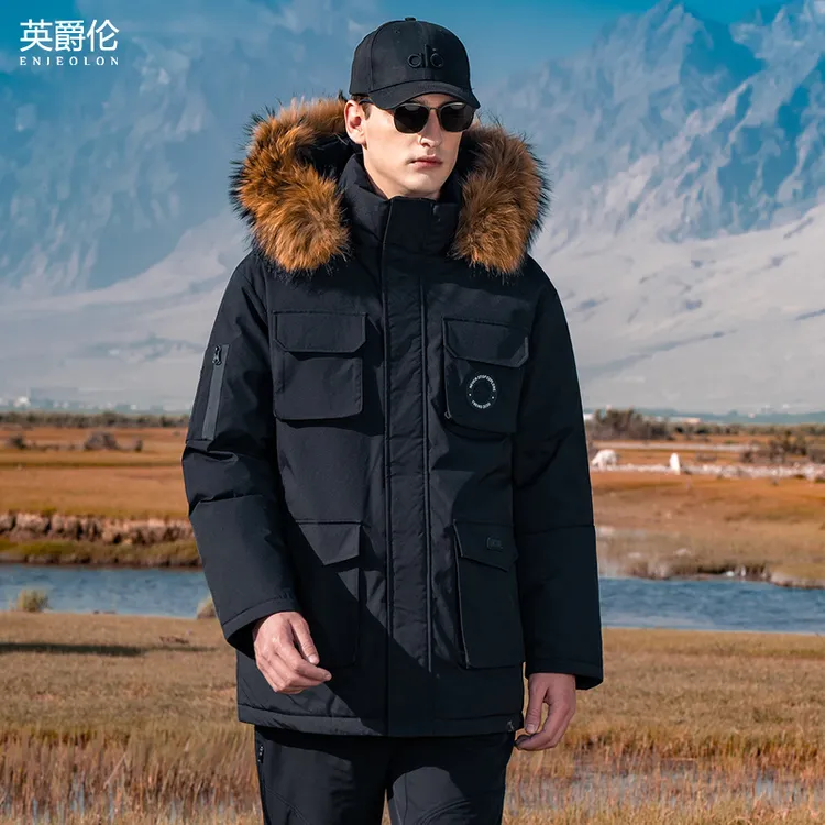 南极寒系大毛领工装羽绒服男女士同款户外连帽中长款派克服YR771