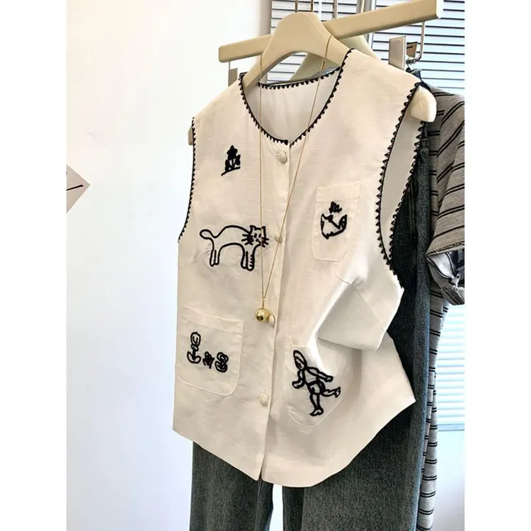 白色小猫刺绣亚麻马甲女夏款叠穿高级感马夹背心韩系别致坎肩上衣