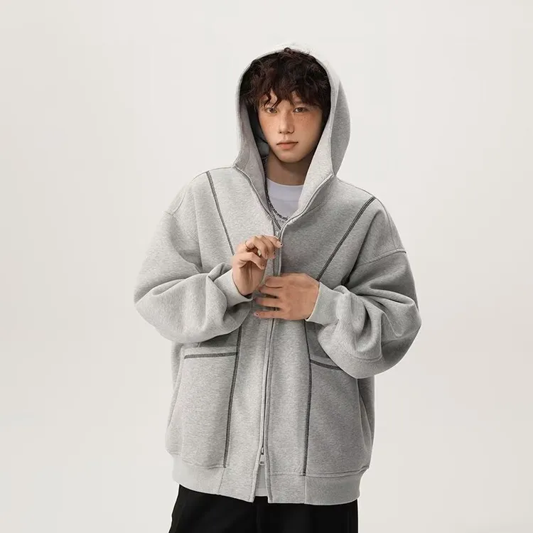 美式纯色开衫卫衣男运动双拉链立体宽松休闲百搭连帽外套潮百搭