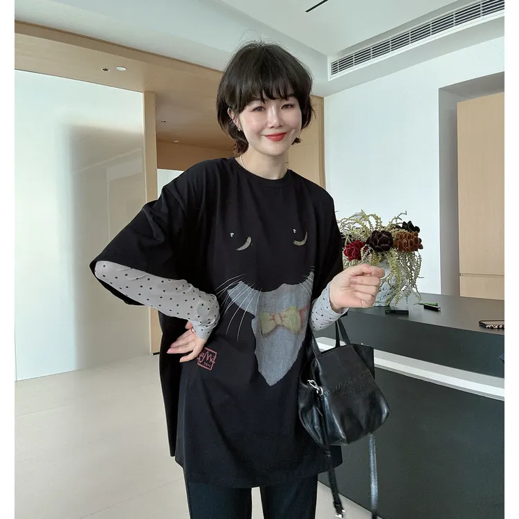 春夏宽松显瘦猫咪印花波点假两件长袖T恤