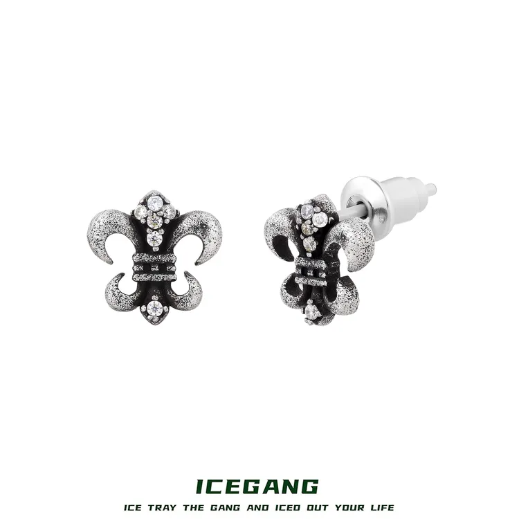ICEGANG 铜合金莫桑石耳饰 鸢尾花复古做旧莫桑石耳钉男女ins欧美