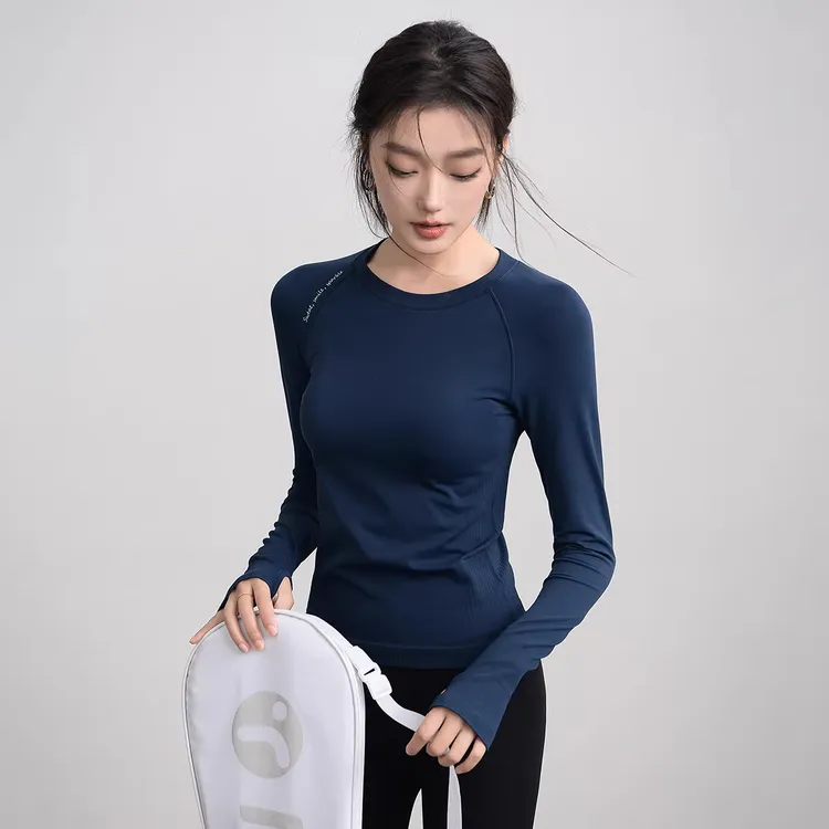 秋冬季紧身瑜伽服上衣无缝裸感圆领运动弹力骑行跑步健身衣女长袖