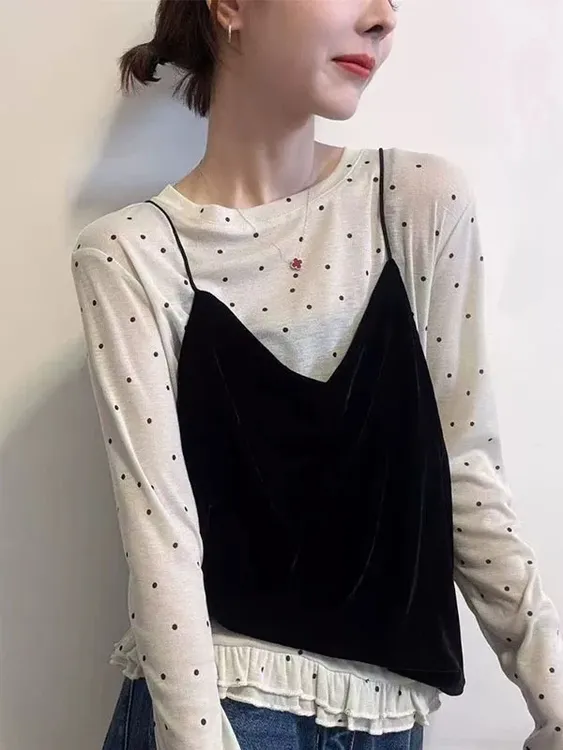韩系丝绒吊带波点木耳边长袖T恤两件套2025秋季新款女减龄套装潮t