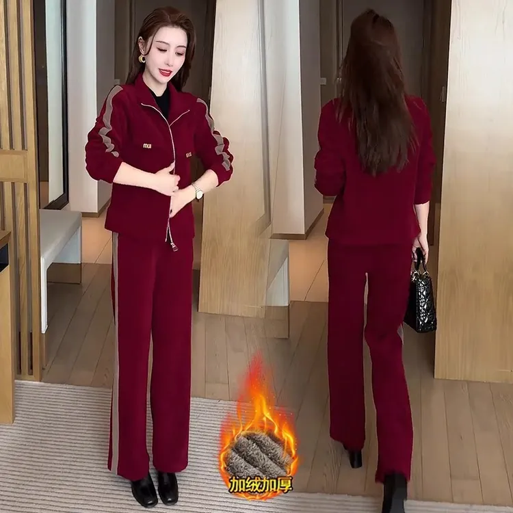 拉夏贝尔秋冬季加绒加厚时尚休闲套装女2025新款外套直筒裤两件套