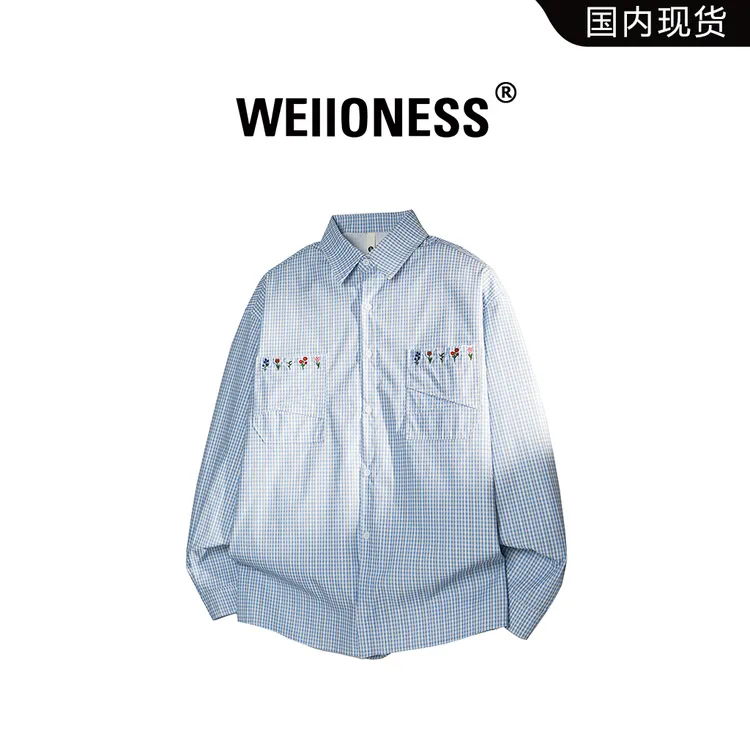 WEIIONESS小格子花朵刺绣长袖衬衫男士秋季潮牌欧美风宽松上衣