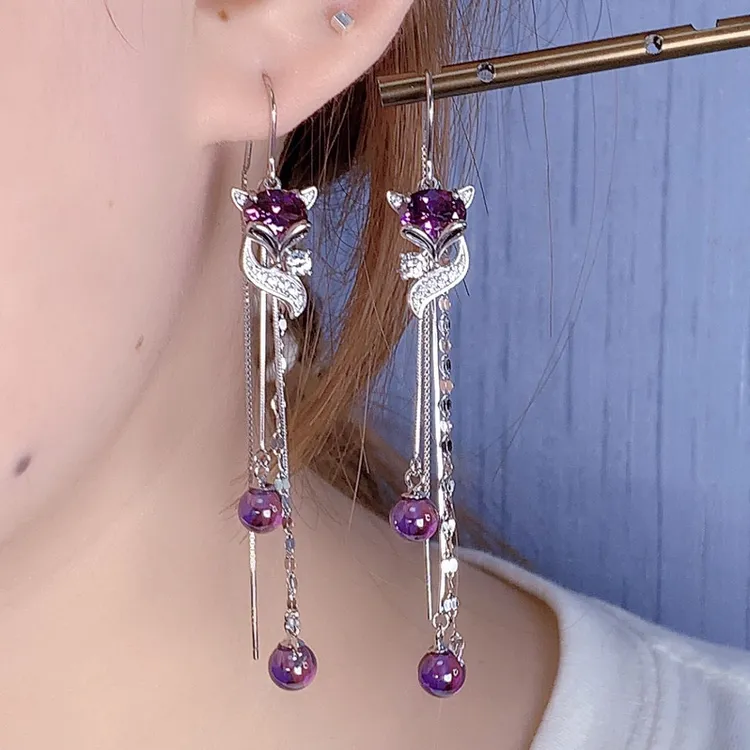 萃姿妍 925银耳饰 红色狐狸个性纯银耳环气质简约轻奢手工银耳饰