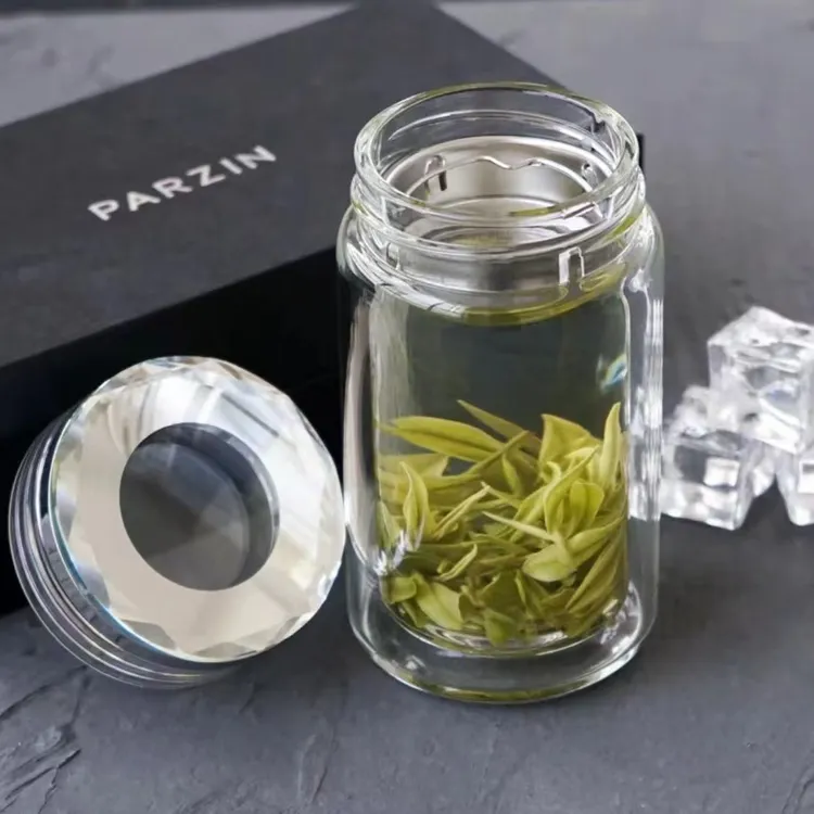 菱形八角盖新款便携茶水玻璃杯双层加厚简约分离泡茶杯大容量水杯