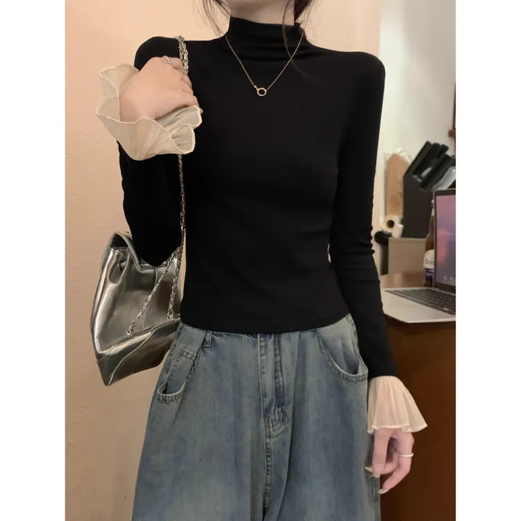 秋冬新款半高领打底衫长袖t恤女修身内搭荷叶边喇叭袖设计感上衣