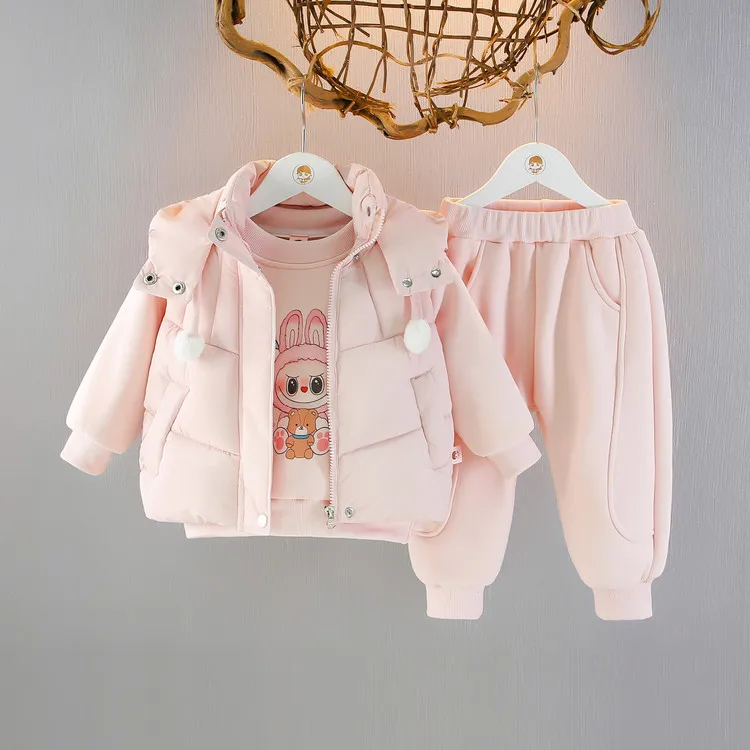 女童三件套秋冬套装加绒加厚保暖洋气布拉冬季套头女宝棉马甲套装