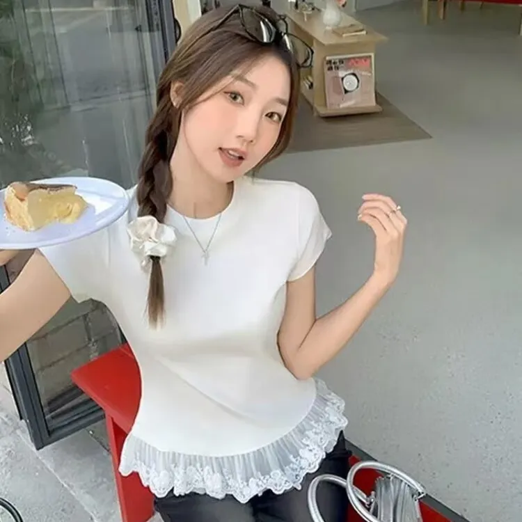 白色蕾丝花边甜美风短袖t恤女装夏季2025新款高级感纯欲短款上衣