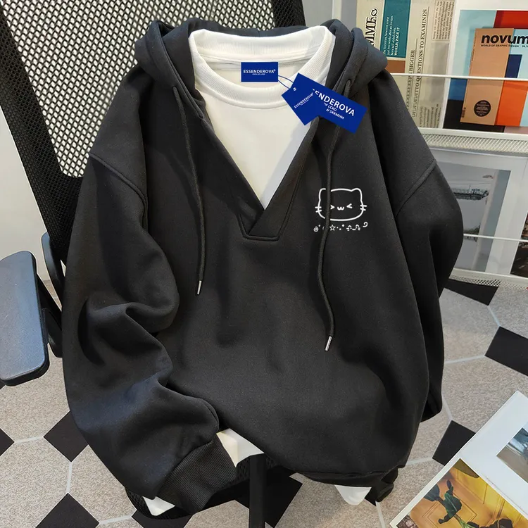 日系可爱国潮甜酷假两件连帽卫衣男女秋冬季简约休闲加绒情侣外套