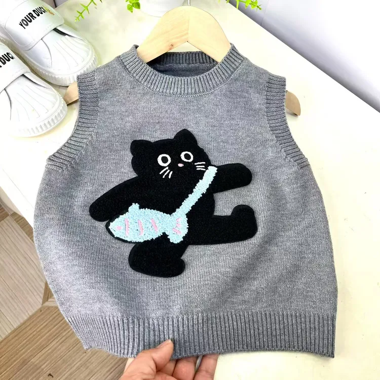 儿童男宝女宝毛衣马甲春秋新款圆领卡通猫咪动物喜庆针织背心马甲