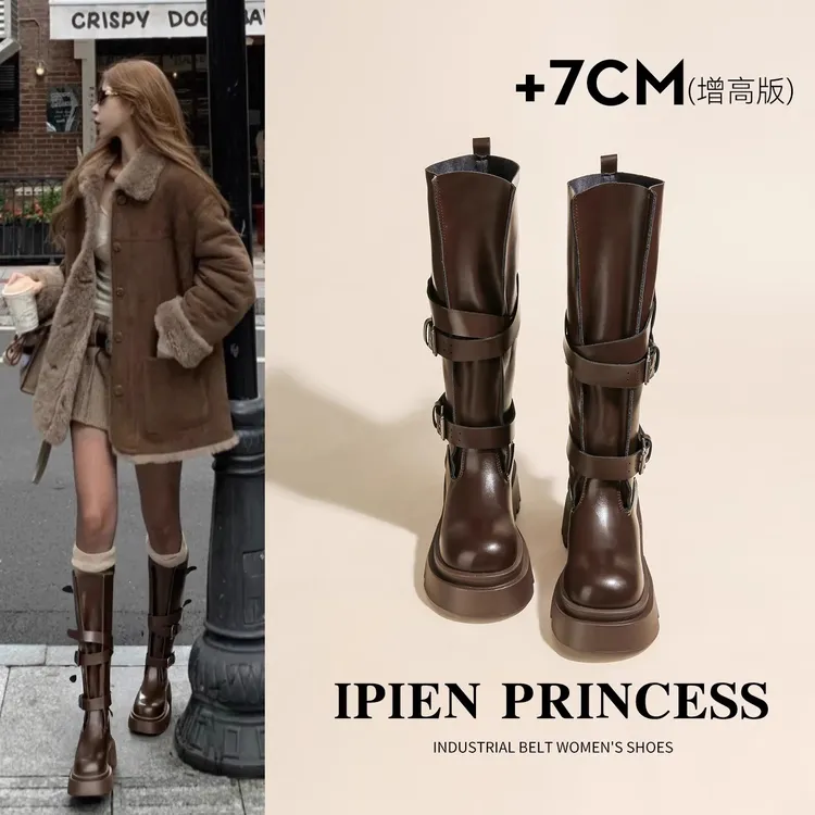 棕色美拉德户外长筒靴女2026秋季新款骑士靴厚底增高西部牛仔靴子