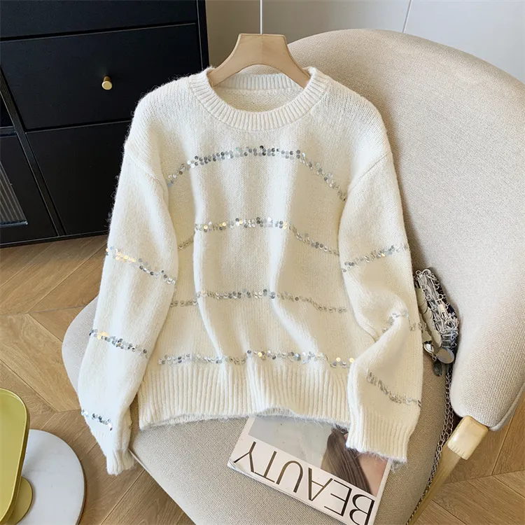 自留款推荐~亮片拼接长袖针织衫女秋冬款慵懒风宽松显瘦百搭毛衣