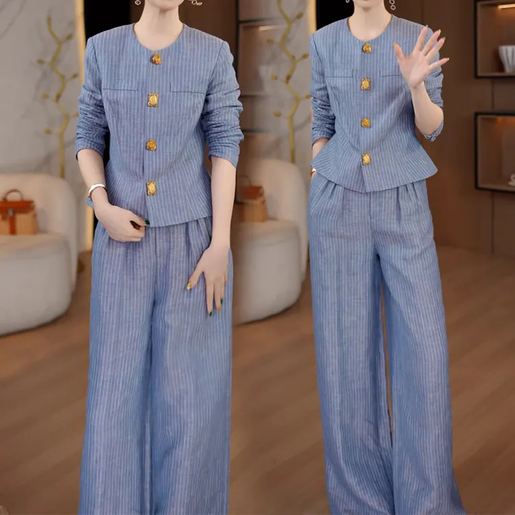 时尚洋气通勤条纹裤套装女2025秋季新款长袖百搭休闲衬衫+阔腿裤