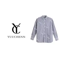 【YUUCHENN】设计感翻领长袖蓝色条纹衬衫氛围感时尚纯棉上衣C 0038