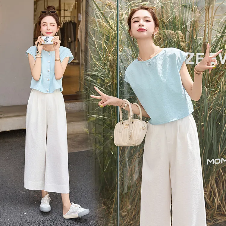 慵懒风街头风夏季休闲风上衣森系时尚套装薄雾少女风短袖显瘦气质