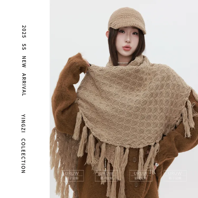 【颖子定制】休闲镂空流苏编织三角披肩秋冬时尚纯色围巾5130