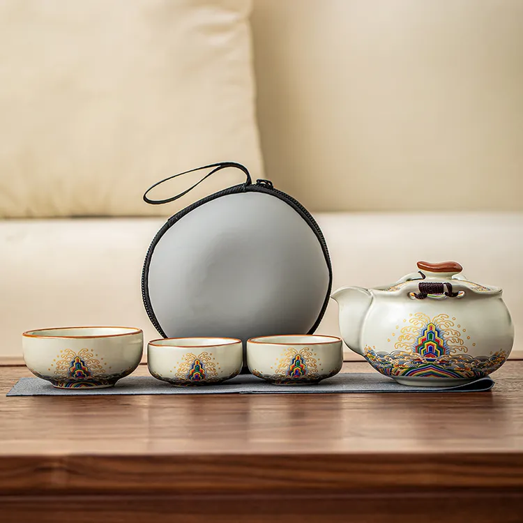 中式米黄汝窑大容量手抓壶一壶三杯携带式旅行露营休闲茶具套装