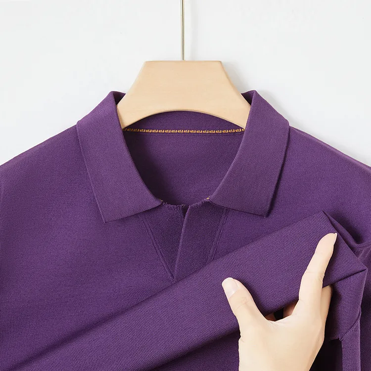 2025夏季新款V领男士长袖T恤中青年薄款针织打底衫男装POLO上衣