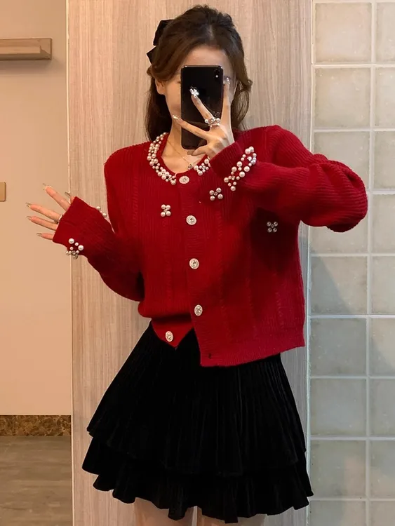 7189#春秋红色小香风重工钉珠毛衣开衫珍珠领针织外套女设计上衣