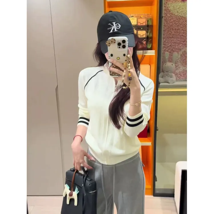 韩系氛围感穿搭拉链长袖针织开衫女早秋季宽松慵懒高级感毛衣外套