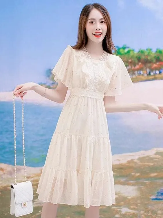 雪纺超仙连衣裙2025年新款小清新收腰裙子女夏温柔风初恋仙女长裙