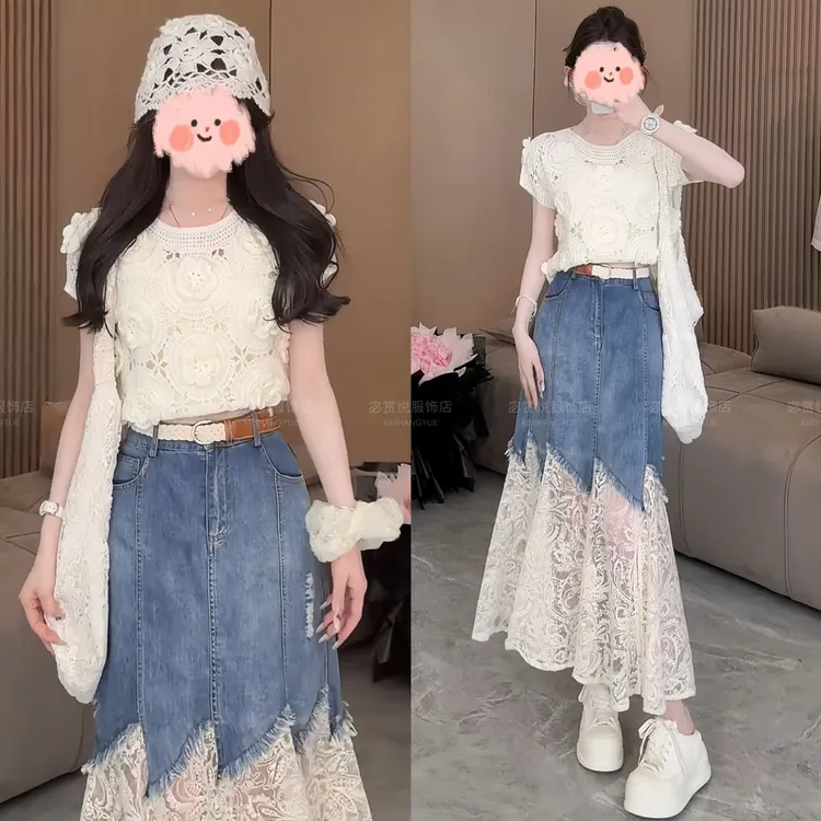 2025夏季新款时尚洋气减龄气质针织衫+蕾丝拼接牛仔半身裙两件套