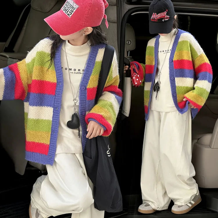 女童针织外套2025新款6-12岁韩系条纹毛衣开衫小女孩学院风上衣