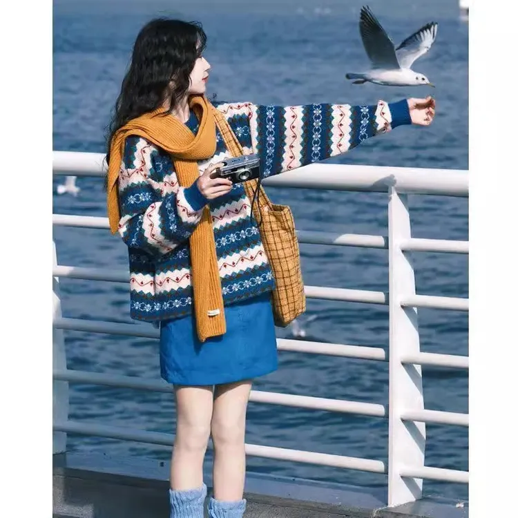 冬季时髦时尚洋气套装女新款圣诞穿搭圆领套头毛衣半身裙两件套装