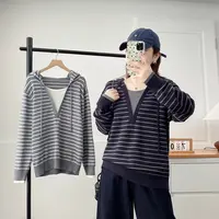 卡洛町大码女装120-200斤秋季新款百搭假两件条纹连帽针织衫2317