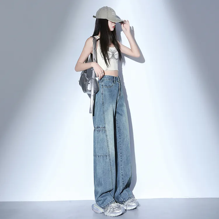 早秋新款直筒工装裤牛仔女新款浅蓝宽松显瘦阔腿裤美式复古休闲裤