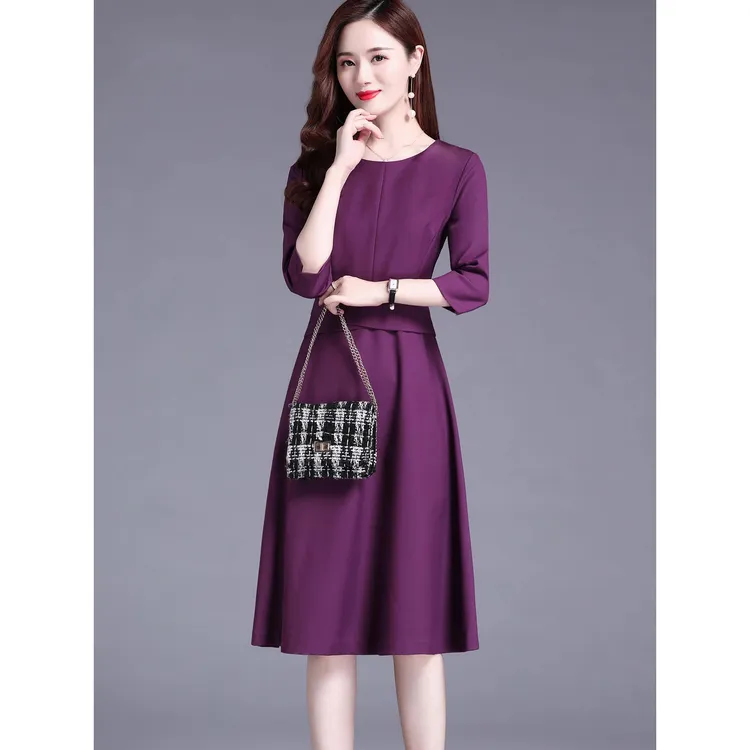 紫色连衣裙女秋装2025新款气质显瘦洋气高贵妈妈装礼服春秋季裙子