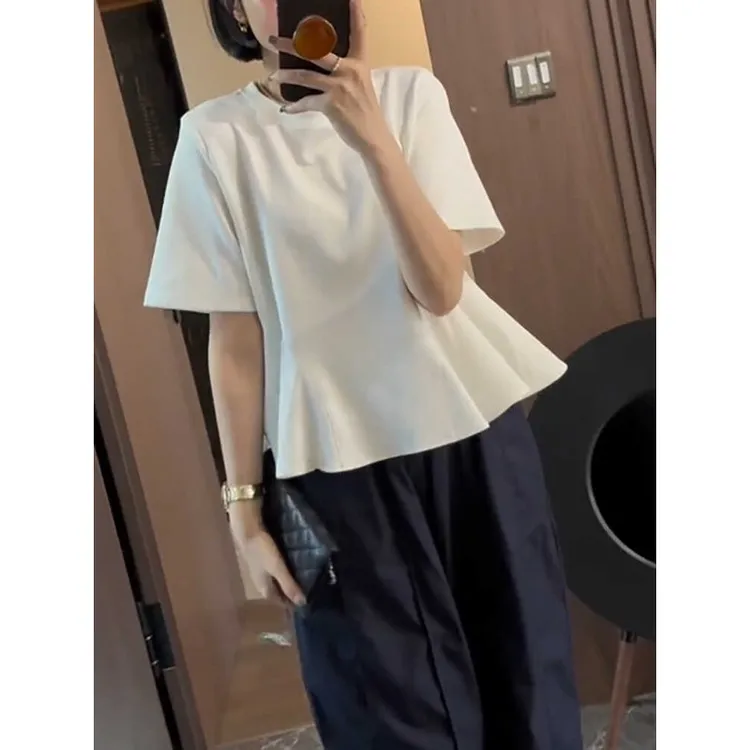 大码今年流行显瘦收腰遮肚子a字裙摆半袖上衣女夏胖mm正肩短袖T恤