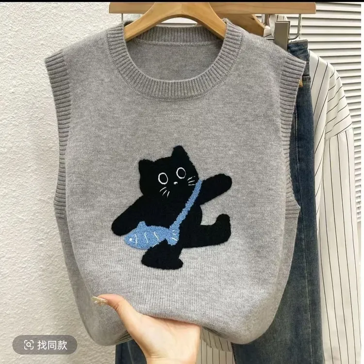 可爱减龄秋款针织毛衣马甲背心女经典刺绣小猫时尚百搭内搭马夹秋