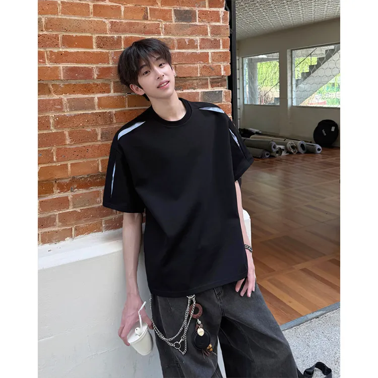 260g重磅曼巴棉条纹短袖男款夏季解构拼接小领口半袖痞帅正肩t恤