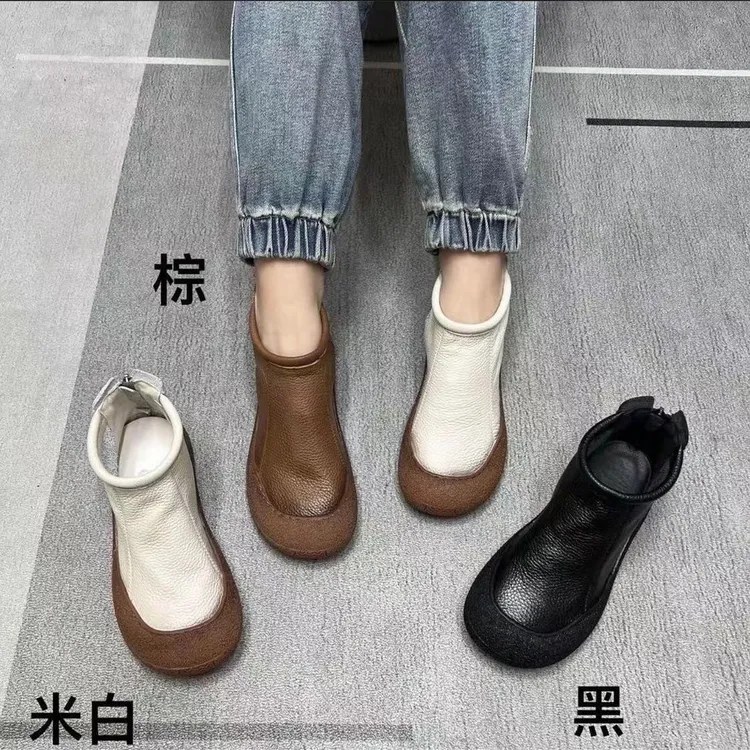 早秋新款纯牛皮单层复古切尔西女短靴休闲舒适软底女单靴百搭洋气