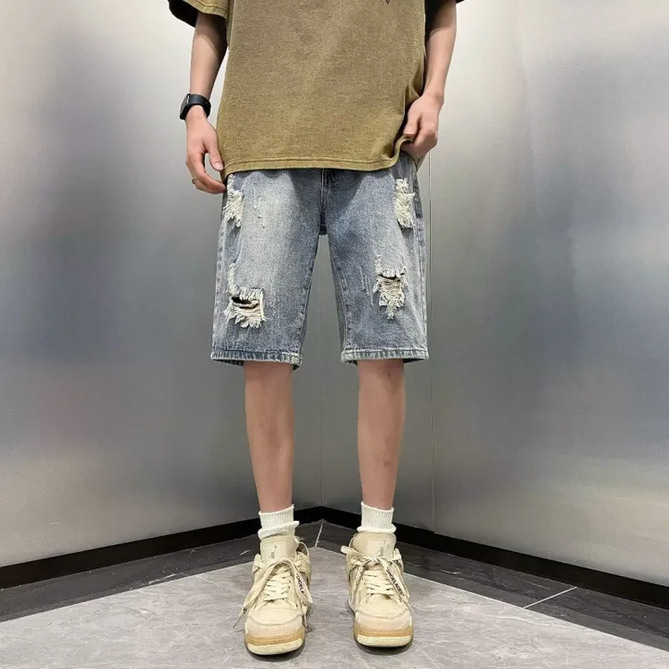 潮流破洞牛仔裤原宿男中腰五分裤新款宽松直筒薄款直筒透气五分裤