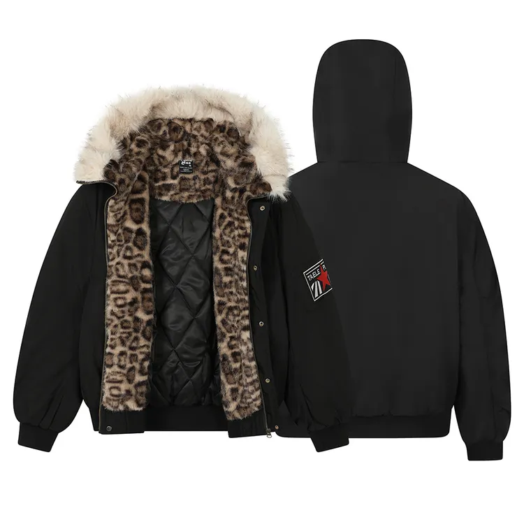 苏格拉底研究所 豹纹连帽座山雕毛棉服红星袖章街头棉服夹克TP303